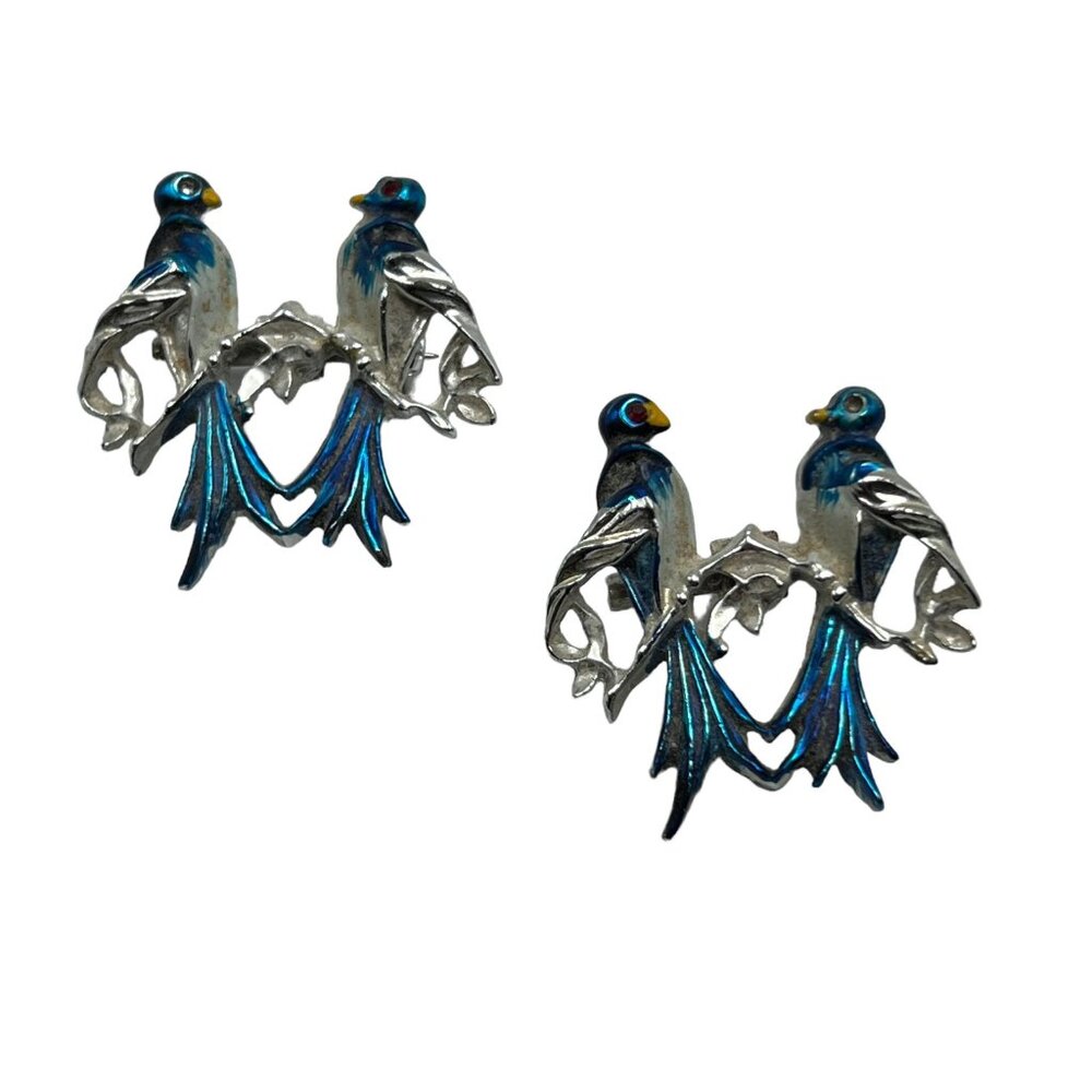 Vintage Love‎ Bird Brooches Set of 2 with Blue and White Enamel Pins